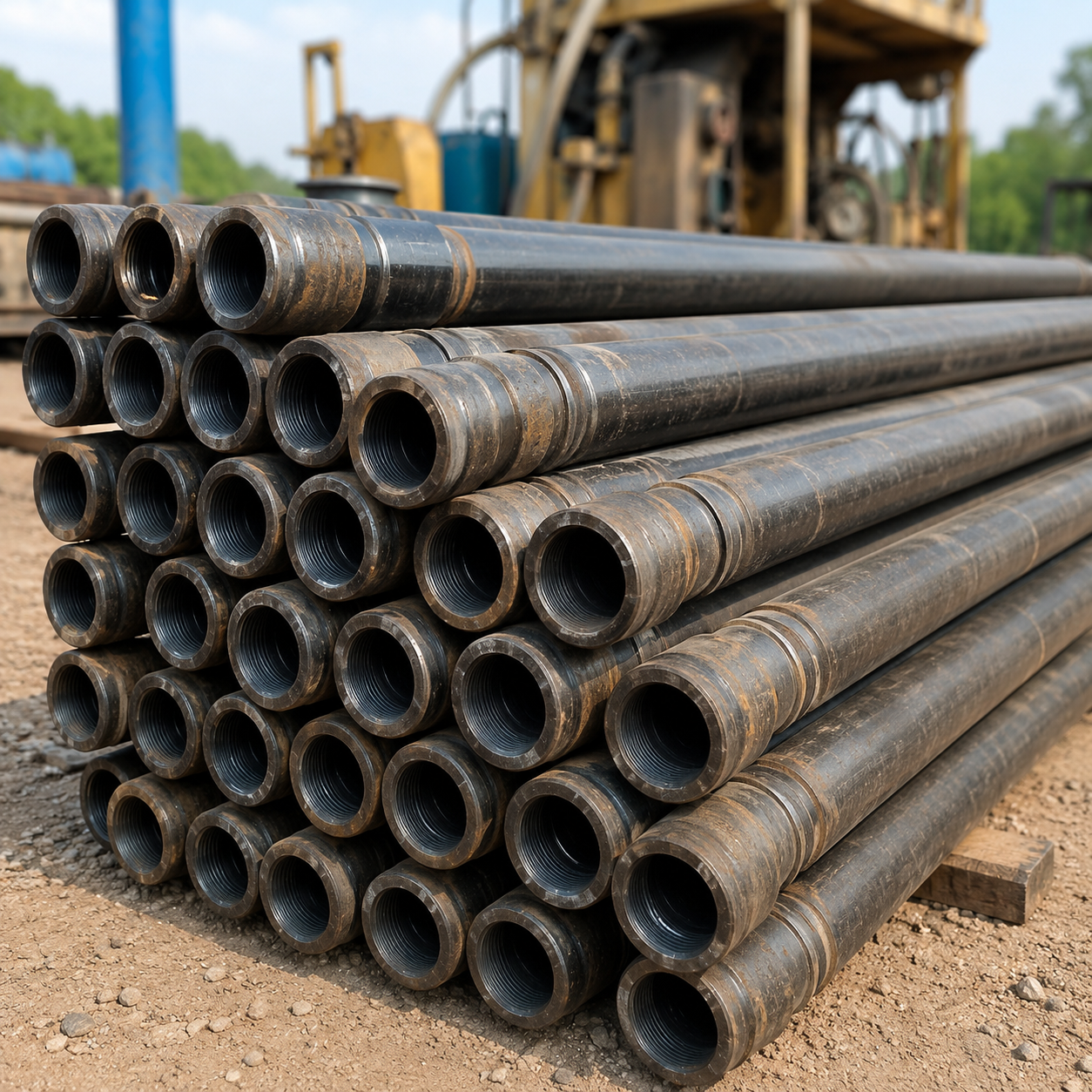 Borewell drill rods used to extend drilling depth on commercial projects