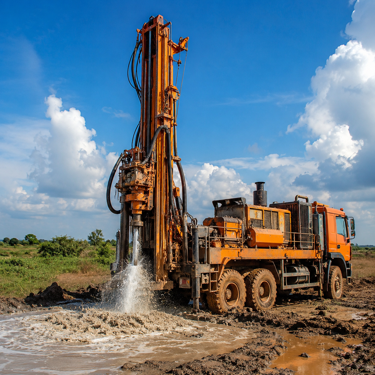 Borewell drilling rig drilling a new borewell at a residential site in Hyderabad