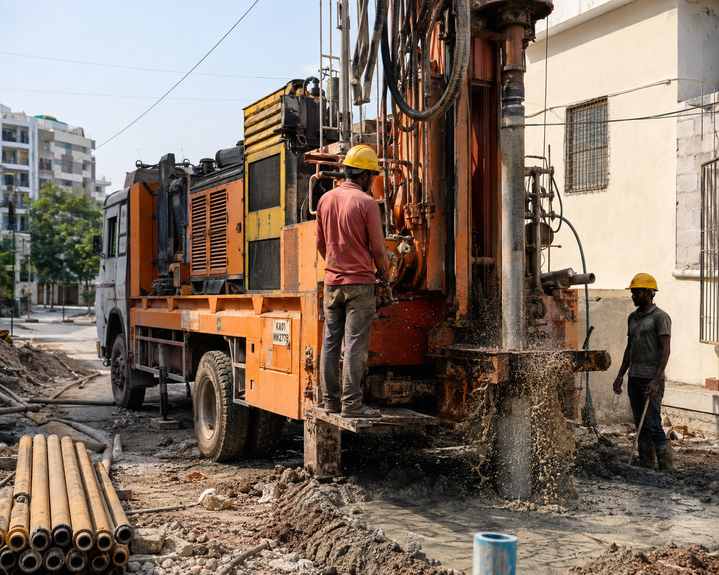 Borewell drilling rig and crew working at a residential site in Hyderabad