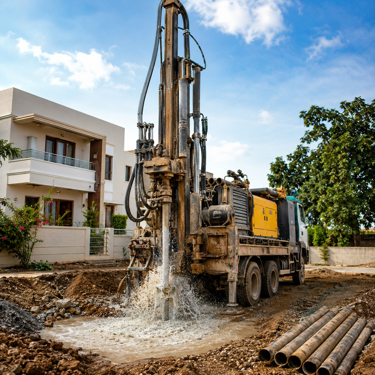 Drilling rig positioned at the residential site in Gachibowli