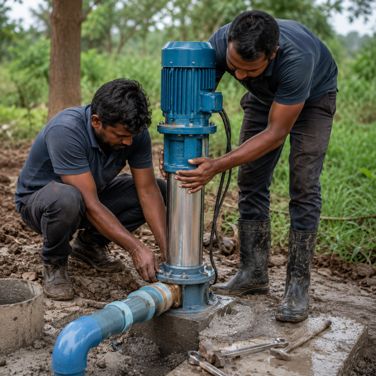 Technician installing a submersible pump in a borewell