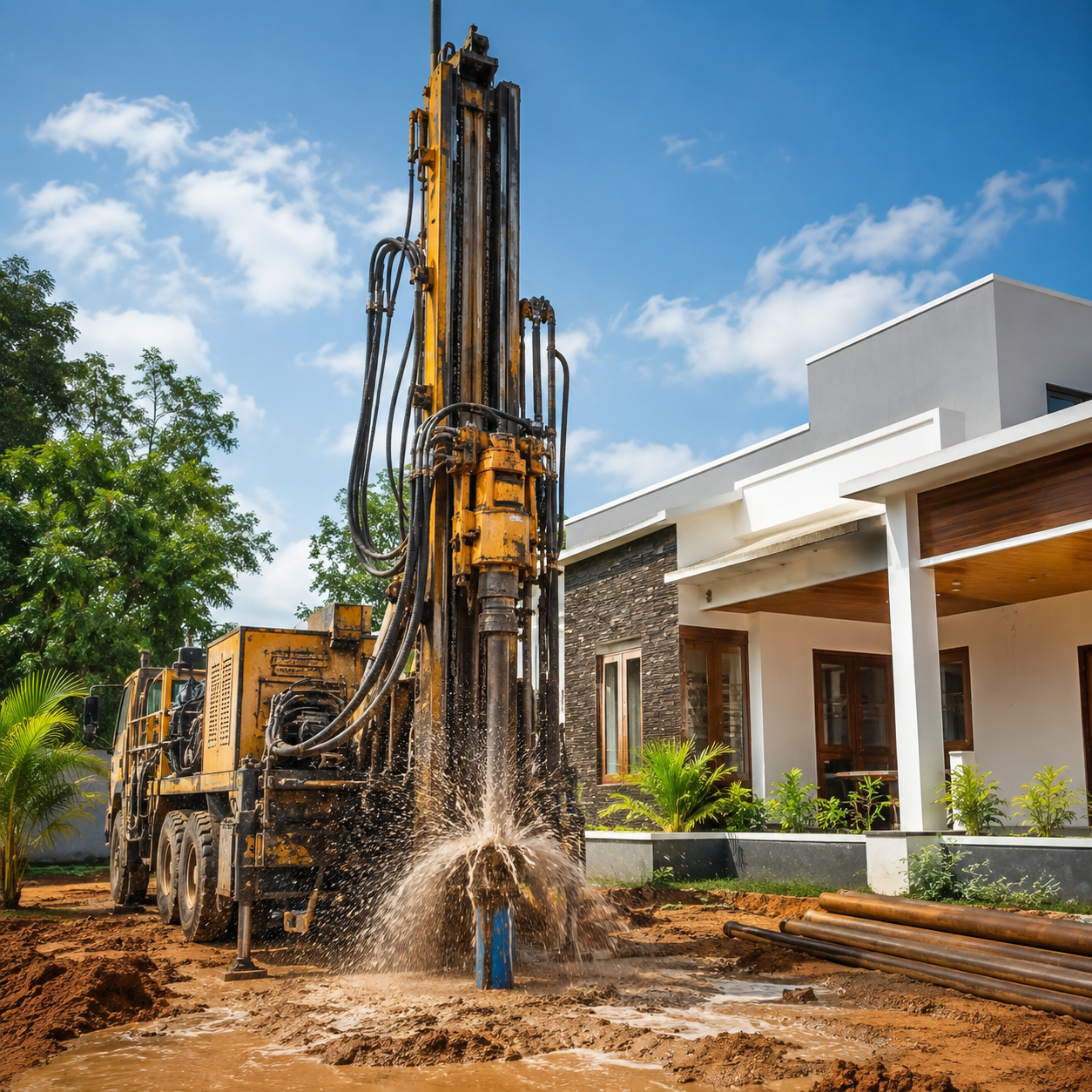 Residential borewell being drilled inside a house compound