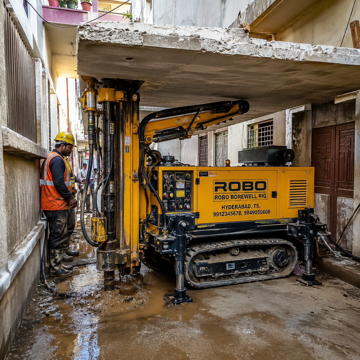 Compact robo borewell rig drilling in a narrow lane