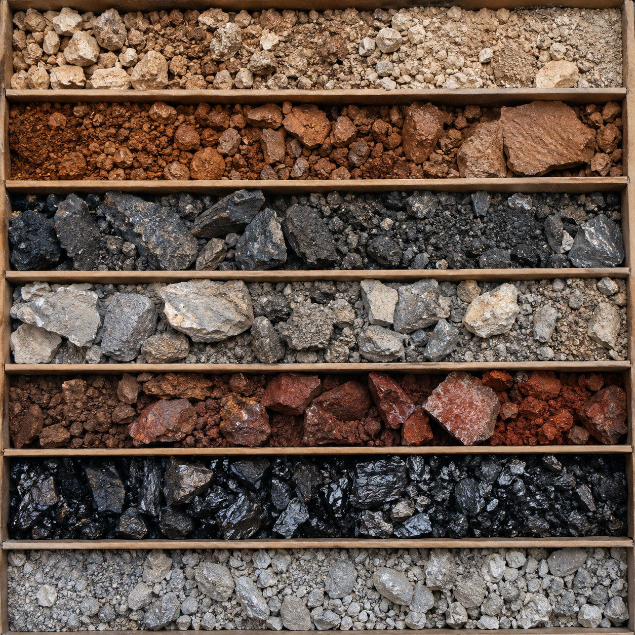 Drill cuttings laid out by depth showing soil, weathered rock and granite layers